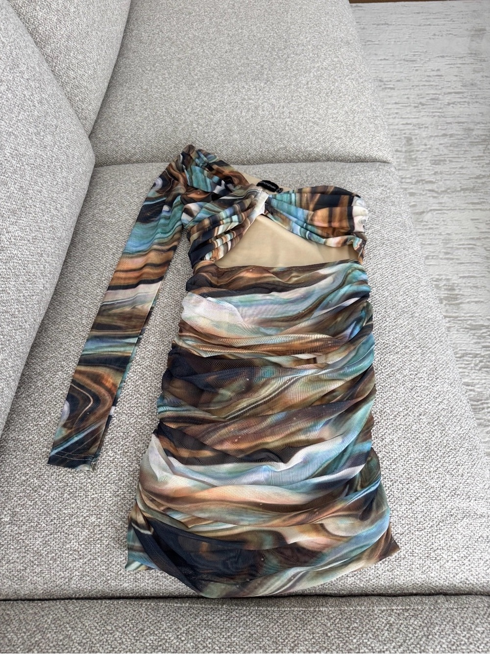 Women’s One-Shoulder Ruched Mini Dress in Multicolor Swirl